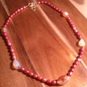 Carnelian and Pink Freshwater Pearl Stainless Steel Necklace (24 Inch)